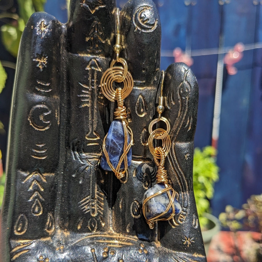 Sodalite Crystals Earrings Gold Hoops Wire Wrapped Handmade Crystals Gemstone - Picture 5 of 16